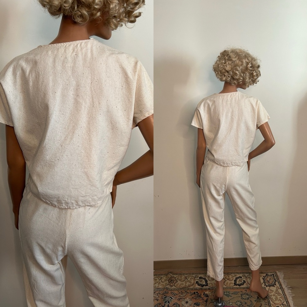 1980s Hand Painted Two Piece Set – Natural Cotton Top & High Waist Pants (S/M) - Picture 7 of 8